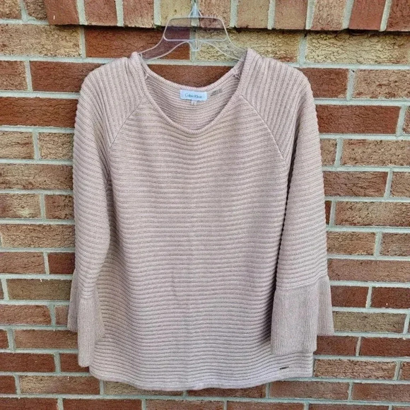 Calvin Klein Pink Metallic Thread Sweater Women's Size Large Bell Sleeve - Picture 1 of 8